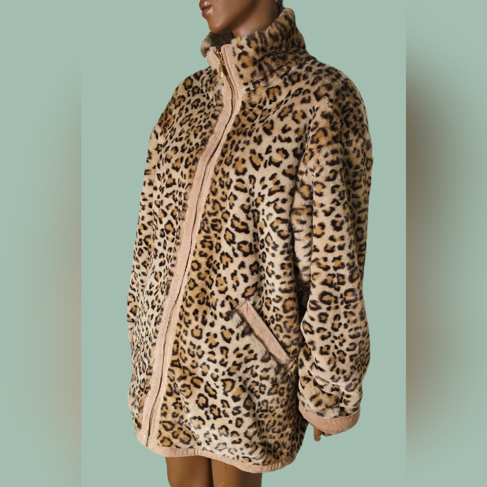 Vintage Minlit Tan Real Leather Reversable Jacket with Leopard Trim size L